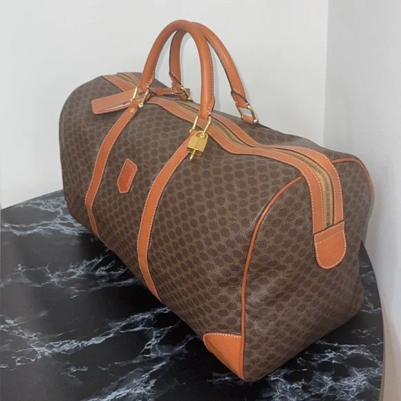 CELINE Macadam Pattern BostonTravel Duffle Bag Leather PVC Brown +Lock AUTHENTIC - Picture 2 of 16